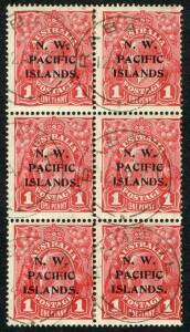 New Guinea - 1915-16 (SG.67) 1d Carmine, vertical blk.(6) yielding two a,b,c-type strips, FU at RABAUL April 1916. Scarce commercially used blk. Cat.£65+.