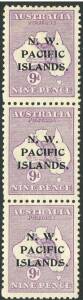 New Guinea - 1915-16 (SG.89) 9d Violet Kangaroo (2nd wmk) in a,b,c, overprint type vertical strip of 3. Mint. Cat.£80.