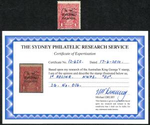 New Guinea - Officials - OFFICIALS: 1920 (SG.O16) Perforated OS KGV 1d Rosine, FU with part RABAUL May 1924 cds. Accompanied by Drury [2012] Certificate. Cat.£190+.