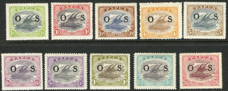 Papua - Officials - OFFICIALS: 1931-32 (SG.O55-O66) ½d - 2/6 Lakatoi set (less 2d & 3d) overprinted OS; the 6d with variety "Lightning bolt in sky"; the 2/6 with variety "Horizontal line in RVT". Fresh Mint/MLH (10). Cat.£120+.
