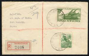 Papua New Guinea - Oct.1955 usage of "RELIEF No.4" cds tieing 1/- Lakatoi + &frac12;d Tree Kangaroo on registered cover from NAMATANAI to Port Moresby (b/s).