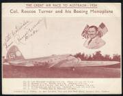 Australian Aerophilately - Oct.1934 (AAMC.434) MacRobertson Air Race cover flown by Roscoe Turner & Clyde Pangborn, together with the promotional card prepared by Turner's publicist. (2 items). - 3