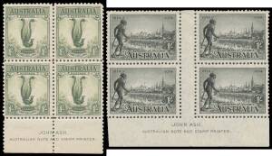 Album of mostly imprint blocks with a few KGV Heads, 3d Air Types A & B, Kingsford Smith 6d block of 8 with Re-Entry, 6d Air Mail block of 6 & optd 'OS' block of 6 (**), 6d Large Kooka (**), 1/- Large Lyrebird (**), Victoria Centenary Perf 10½ (toning) & 