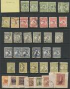 General & Miscellaneous Lots (Australian Commonwealth) - Original collection remainders with two pages of Roos including CofA &pound;1, KGV 4d orange with Line Through 'FOUR PENCE' punctured 'OS', Postage Dues including With Stroke 1/- (mint) & 5/-, a toned BCO - 2