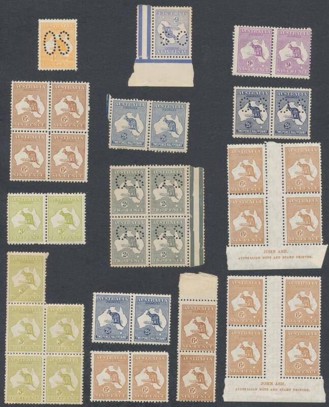 Kangaroos - Box of mostly low values partly sorted in packets, mostly used including some on piece plus small unmounted mint group including 6d brown imprint blocks of 4 x2, unchecked by us for watermarks, varieties or postmarks, condition variable. From