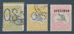 Kangaroo Issues - Stockbook with all values predominantly used including punctured large & small 'OS', noted 3d large 'OS' with jumped perfs and 'Jubilee Line' showing at top plus some Die IIs used, 5/- group comprising 3rd Wmk used x3 including 'OS', SM 