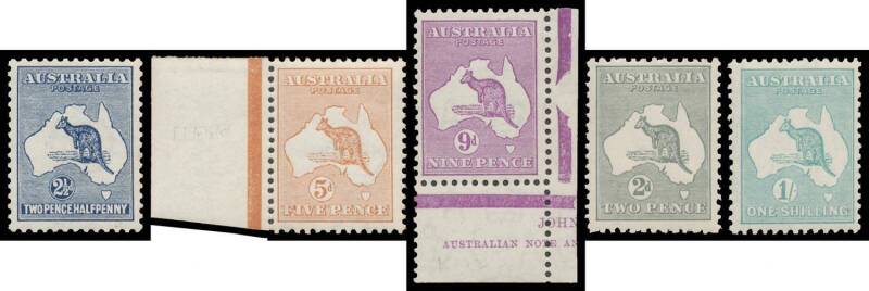 Kangaroo Issues - Selection with First Wmk ½d 1d 2d 2½d & 5d (marginal), Third Wmk 2d 2½d 3d & 6d, SMult Wmk 1/- and CofA Wmk 6d, 9d (part Ash imprint) and 2/- x2, reasonable to well-centred. Advertised retail $1300+. (14)