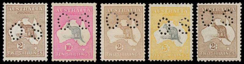 Kangaroo Issues - 'OS' PUNCTURES: Selection with First Wmk Large 'OS' 4d and Small 'OS' 4d to 2/-, Second Wmk 2d 6d & 2/-, Third Wmk to 10/- including 3d x7 (one with the Watermark Inverted), 6d blue x7 9d x3 & 1/- x10 (including a block of 6), also 10/-