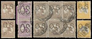 Kangaroo Issues - 'OS' PUNCTURES: Array on Hagners from an old-time accumulation with Large 'OS' including 5d x7 9d x6 & 1/-; Small 'OS' First Wmk 4d x19, 5d x19, Second Wmk 5/- x12; Third Wmk 2/- brown block of 6, 2/- with the Watermark Inverted x3 & 5/-