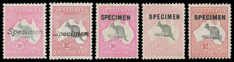 Kangaroo Issues - SPECIMEN OVERPRINTS: Selection comprising First Wmk 10/- (very fine), £1 (regummed) & £2 (no gum); Third Wmk Type B 10/- (very lightly mounted & superb), £1 brown & blue (aged gum) & £2 (slightly aged), and Type C £1 grey; SMult Wmk 10/-