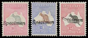 Kangaroos - 1st Wmk - Â½d to 5/- all CTO with Melbourne cds of DE3/13, the 1/- with the Watermark Inverted, no gum; plus 10/- to Â£2 with 'Specimen' handstamp, large-part o.g.; a couple of minor problems. Advertised retail $2500+. Ex Neil Russell. (15)