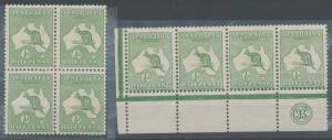 Kangaroos - 1st Wmk - ½d green Appendage on NSW Coast BW #1(1)f in block of 4, and 'JBC' Monogram in strip of 4, lightly to very lightly mounted, Cat $400+. (2 items)