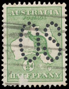Kangaroos - 1st Wmk - ½d green with the Watermark Sideways with the Crown Pointing to the Left (as seen from the face) BW #1aa punctured Large 'OS', excellent centring, small surface abrasion at the base, Sydney machine cancellation, Cat $27,500. A new di