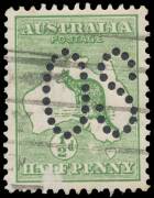 Kangaroos - 1st Wmk - &frac12;d green with the Watermark Sideways with the Crown Pointing to the Left (as seen from the face) BW #1aa punctured Large 'OS', excellent centring, small surface abrasion at the base, Sydney machine cancellation, Cat $27,500. A new di