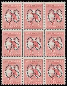 Kangaroos - 1st Wmk - - 1d red Die I with Double Perfs on Three Sides BW #2bbb affecting the central horizontal units in a block of 9, the variety units are unmounted, Cat $1500++.