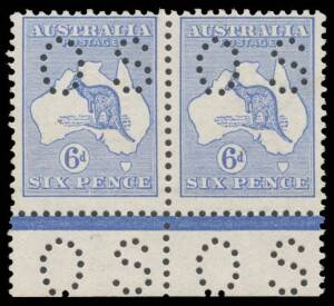 Kangaroos - 1st Wmk - - 6d ultramarine BW #17bc marginal pair from the base of the sheet, one unit unmounted, Cat $1275+.