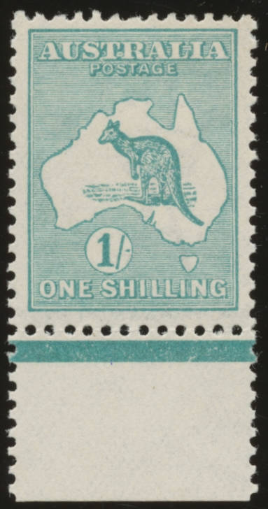 Kangaroos - 2nd Wmk - 1/- bright blue-green BW #31B marginal example from the base of the sheet, very lightly mounted, Cat $400.