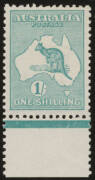 Kangaroos - 2nd Wmk - 1/- bright blue-green BW #31B marginal example from the base of the sheet, very lightly mounted, Cat $400.