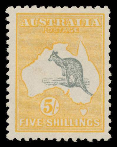 Kangaroos - 2nd Wmk - 5/- grey & chrome BW #43B, well centred, faint bend, very lightly mounted, Cat $1500.