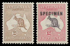 Kangaroos - 3rd Wmk - 2/- brown two different shades (both with hinge remainders), 5/- grey & yellow x3 and £2 with Type C 'SPECIMEN' Overprint (the gum a little aged but unmounted), Cat $2750. (6)