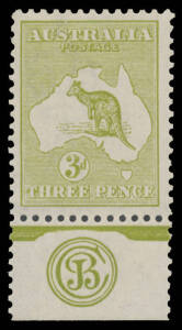 Kangaroos - 3rd Wmk - 3d olive Plate 1 'JBC' Monogram single BW #13(1)zc, well centred, a trifle aged, lightly mounted, Cat $1500.