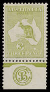 Kangaroos - 3rd Wmk - 3d olive Plate 1 'JBC' Monogram single BW #13(1)zc, well centred, a trifle aged, lightly mounted, Cat $1500.