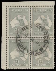 Kangaroos - 3rd Wmk - £1 grey upper-left corner block of 4, the margins a little reduced, the upper units with repaired internal fault, central 'REGISTERED/10MR32/SYDNEY NSW' cds, Cat $2000+. Very attractive.