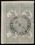 Kangaroos - 3rd Wmk - &pound;1 grey upper-left corner block of 4, the margins a little reduced, the upper units with repaired internal fault, central 'REGISTERED/10MR32/SYDNEY NSW' cds, Cat $2000+. Very attractive.