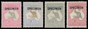 Kangaroos - 3rd Wmk - SPECIMEN OVERPRINTS: 10/-, Â£1 brown & blue (aged & regummed), Â£1 grey (very lightly mounted) & Â£2 (lightly mounted) all with Type B overprint, variable centring, Cat $6600. Rarely available as a set. Ex Neil Russell.