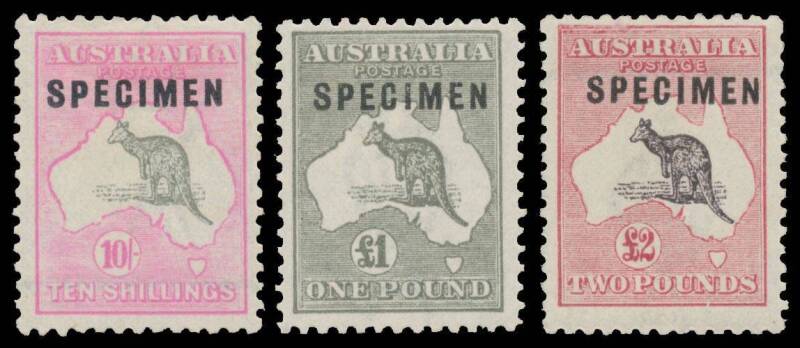 Kangaroos - 3rd Wmk - - 10/- (well centred), Â£1 grey & Â£2 all with Type C overprint, variable centring, very lightly mounted & the Â£1 appears to be unmounted, Cat $3675. Ex Neil Russell. [The 10/- is a very scarce stamp, with only 360 - three sheets -