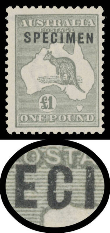 Kangaroos - 3rd Wmk - - £1 grey Type C 'SPECIMEN' Overprint with Damaged (Hooked) 'C' BW #53xd, unmounted; Cat $1000+ (mounted).