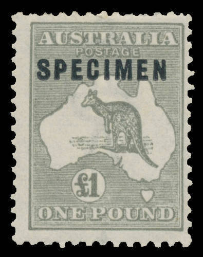 Kangaroos - 3rd Wmk - - Â£1 grey Type C with Shaved 'P' BW #53xf, a couple of nibbled perfs, very lightly mounted, Cat $1000. Ex Neil Russell.