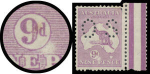 Kangaroos - 3rd Wmk - PUNCTURED 'OS': 9d violet marginal example from the right of the left pane with Large White Flaw above 'P' of 'PENCE', well centred, small faults. Unlisted in the ACSC. [The vendor states "1 of only 2 copies recorded by Banwell & Par