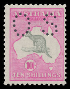 Kangaroos - 3rd Wmk - - 10/- grey & deep "aniline" pink BW #48Bba, unmounted, Cat $3750. Advertised retail POR.