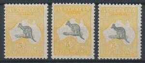 Kangaroos - Small Multi Wmk - 5/- grey & yellow x3, variable centring, one very lightly mounted, Cat $1200. (3)