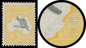 Kangaroos - Small Multi Wmk - 5/- grey & yellow with Broken NSW Coast & Elongated Spencer Gulf BW #45(D)f, Cat $950. Ex Stuart Hardy.