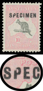 Kangaroos - Small Multi Wmk - SPECIMEN OVERPRINTS: 10/- grey & pink BW #49x with unlisted Defective 'P', Cat $475+. Ex Neil Russell.