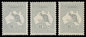 Kangaroos - CofA Wmk - 5/- x2 (one with slightly aged gum), £1 x3 (one with slightly aged gum) & a 'SPECIMEN' set, variable centring, Cat $3900. (8)