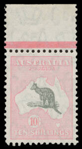 Kangaroos - CofA Wmk - 10/- grey & pink BW #50A marginal example from the top of the sheet, very well centred, unmounted, Cat $2750.
