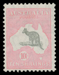 Kangaroos - CofA Wmk - 10/- grey & "aniline" pink BW #50D, lightly mounted, Cat $1750. Scarce shade.