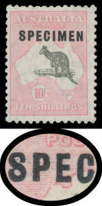 Kangaroos - CofA Wmk - SPECIMEN OVERPRINTS: 10/- grey & pink Type C with Hooked 'C' BW #50xb, very lightly mounted, Cat $2000. Ex Neil Russell. [Aubrey Pitt's similar but unmounted example sold at the Prestige auction of 19.11.2011 for $2415]