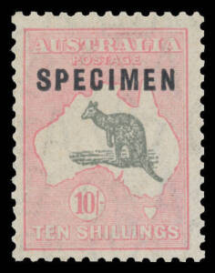 Kangaroos - CofA Wmk - - 10/- grey & pink Type C with Shaved 'P' BW #50xd, aged gum but unmounted, Cat $2000+ (mounted; unpriced unmounted). Ex Neil Russell.