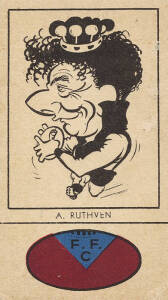 1954 Fyna Foods "Victorian Footballer Caricatures" [1/24] with club colours at base, No.15 A.Ruthven (Fitzroy). G/VG. Rarity 8.