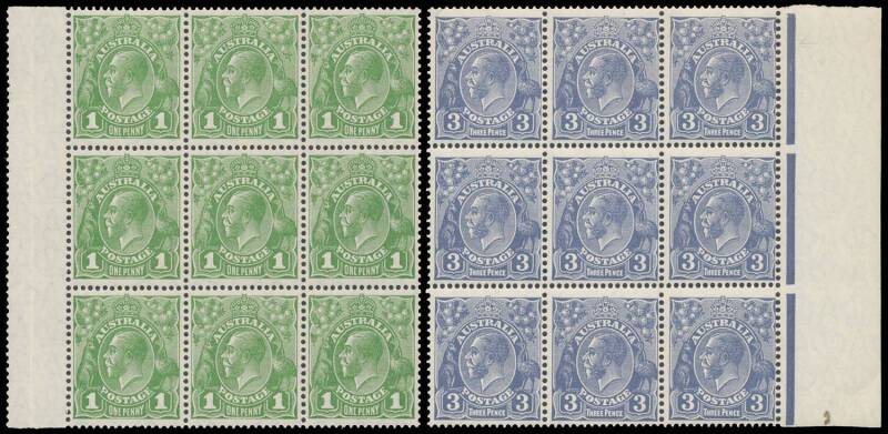 KGV Issues - Selection of blocks with SMult Wmk Perf 14 3d imprint block of 12 with 5 units noted as having varieties, Perf 13½x12½ 1d green blocks of 9 x2 (both with 6 Die II units), 3d blocks of 4 x3 (two with 'OS' punctures) & block of 9, 4d blocks of