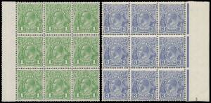 KGV Issues - Selection of blocks with SMult Wmk Perf 14 3d imprint block of 12 with 5 units noted as having varieties, Perf 13½x12½ 1d green blocks of 9 x2 (both with 6 Die II units), 3d blocks of 4 x3 (two with 'OS' punctures) & block of 9, 4d blocks of