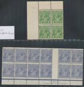 KGV Issues - Selection of blocks with SMult Wmk Perf 14 3d imprint block of 12 with 5 units noted as having varieties, Perf 13&frac12;x12&frac12; 1d green blocks of 9 x2 (both with 6 Die II units), 3d blocks of 4 x3 (two with 'OS' punctures) & block of 9, 4d blocks of - 3