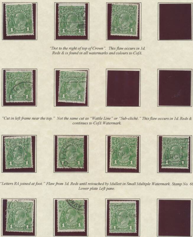 KGV Issues - ONE PENNY: Extensive collection of Penny Green plated examples from all watermarks on 46 annotated pages with many Retouches & Re-Entries noted, some with official punctures, generally fine to very fine. (100s)