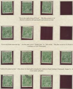 KGV Issues - ONE PENNY: Extensive collection of Penny Green plated examples from all watermarks on 46 annotated pages with many Retouches & Re-Entries noted, some with official punctures, generally fine to very fine. (100s)