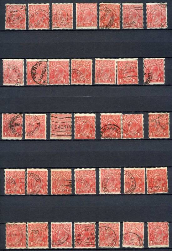 KGV Issues - PENNY HALFPENNY: Large stockbook of mostly Single Wmk plated examples predominantly Reds but with 17 pages of Greens plus some Black-Browns & lots of Browns, some multiples, many with official punctures, condition variable. Inspection recomme