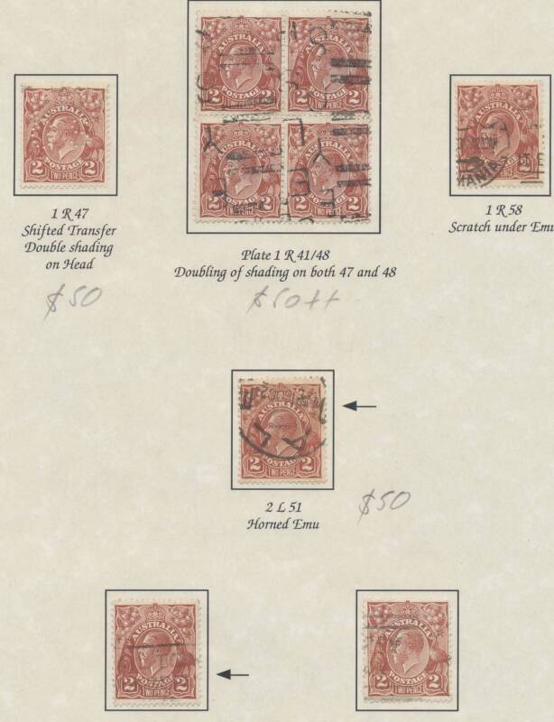 KGV Issues - TWO PENCE: Attractively presented collection with 2d brown SMult Wmk Perf 14 used x8, Perf 13½x12½ mint & used blocks of 4, punctured 'OS' x4 (one mint) and six listed varieties (one in a block of 4), 2d red range of plated examples including